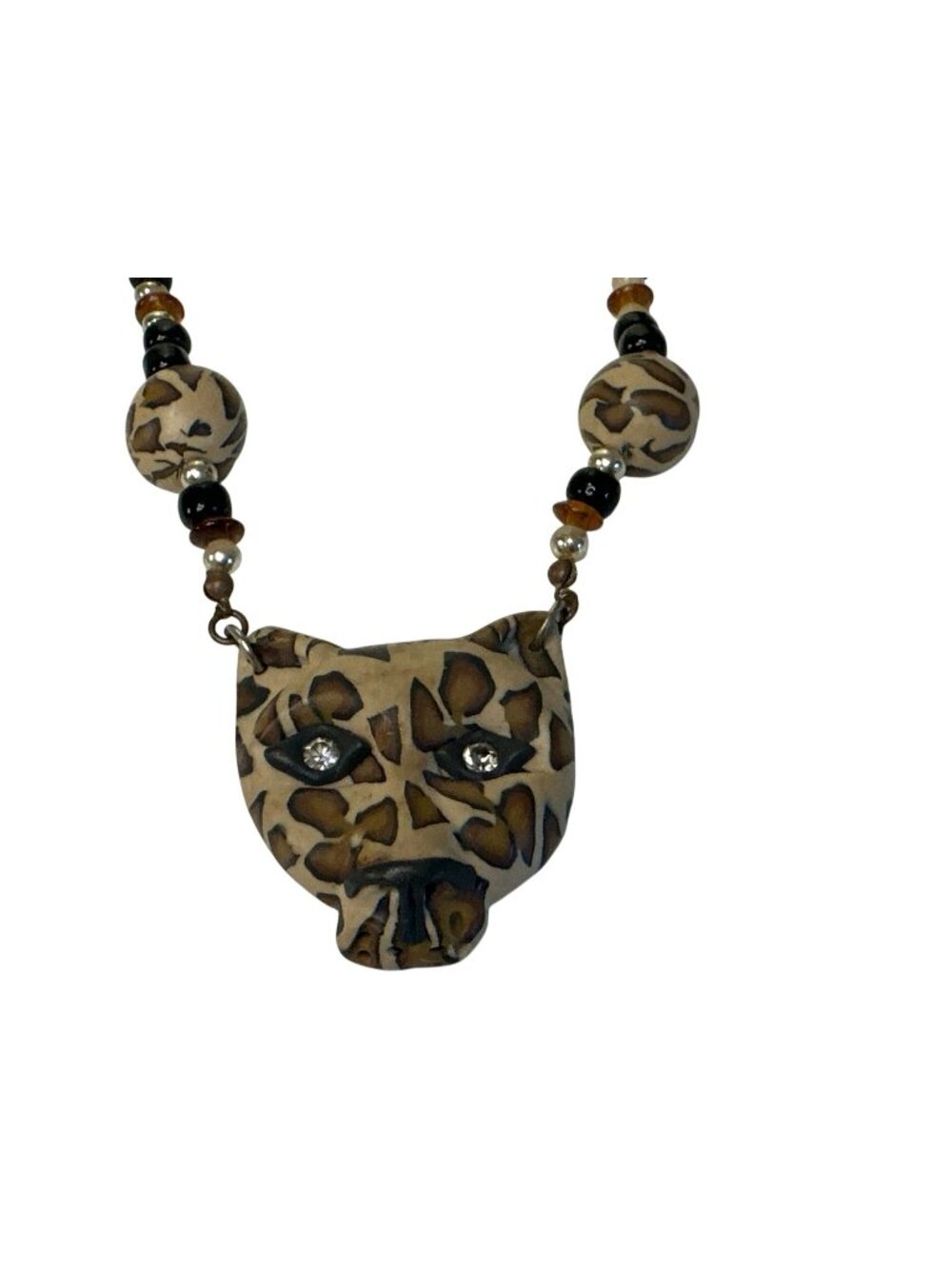 Leopard Face Beaded Necklace Animal Print & Rhinestone Accents Handmade 21"